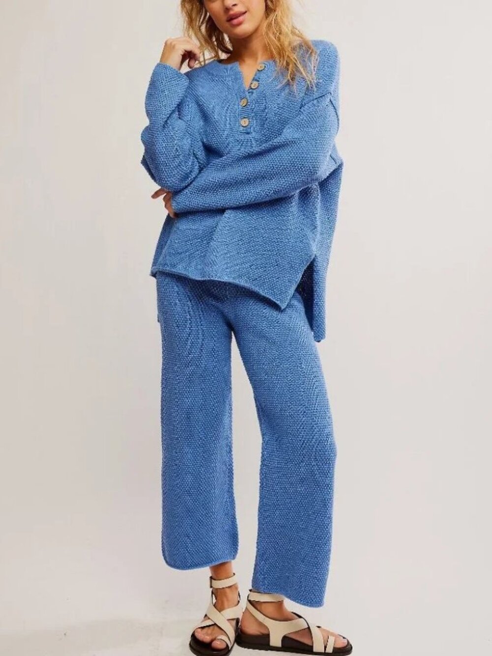 FREE PEOPLE Beach *Hailey* Sweater & Pants Set in Summer Blue Heather